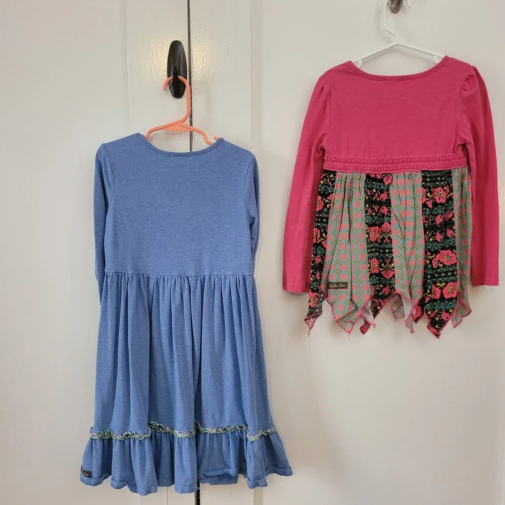 Matilda Jane Lot of 2 Size 6 Long‎ Sleeve Dresses Pink Floral Handkerchief Hem